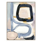 Abstract art piece with blue, black, and beige colors on a white background